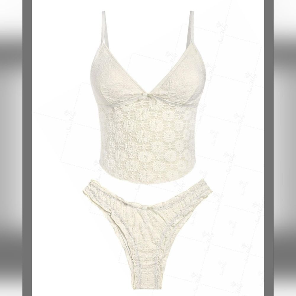 NWT Seamolly Lace Jacquard Bowknot Decor Ruffles Tankini Set Beige Cream - XL